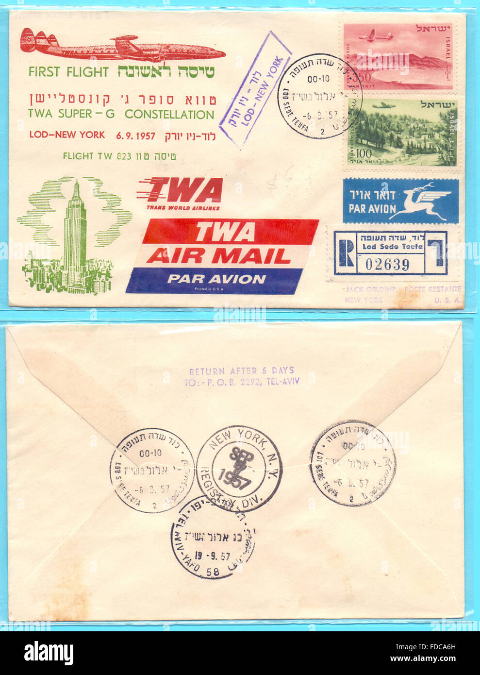 TWA (Trans World Airlines)-Erstflug DG nach New York 1957 Stockfoto
