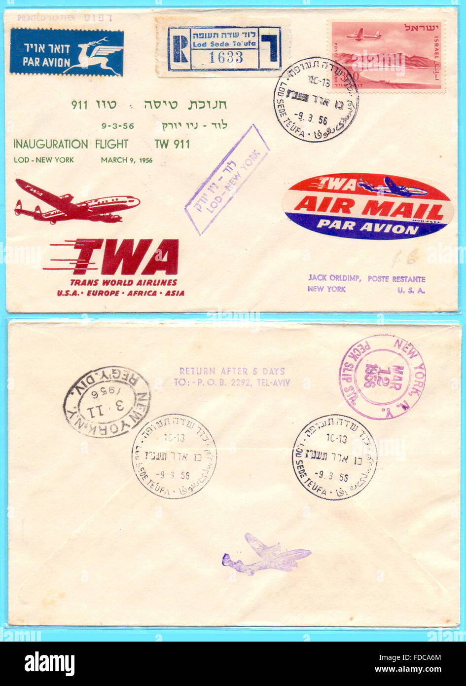 Einweihung Flug TWA (Trans World Airlines) Lod nach New York 1956 Stockfoto