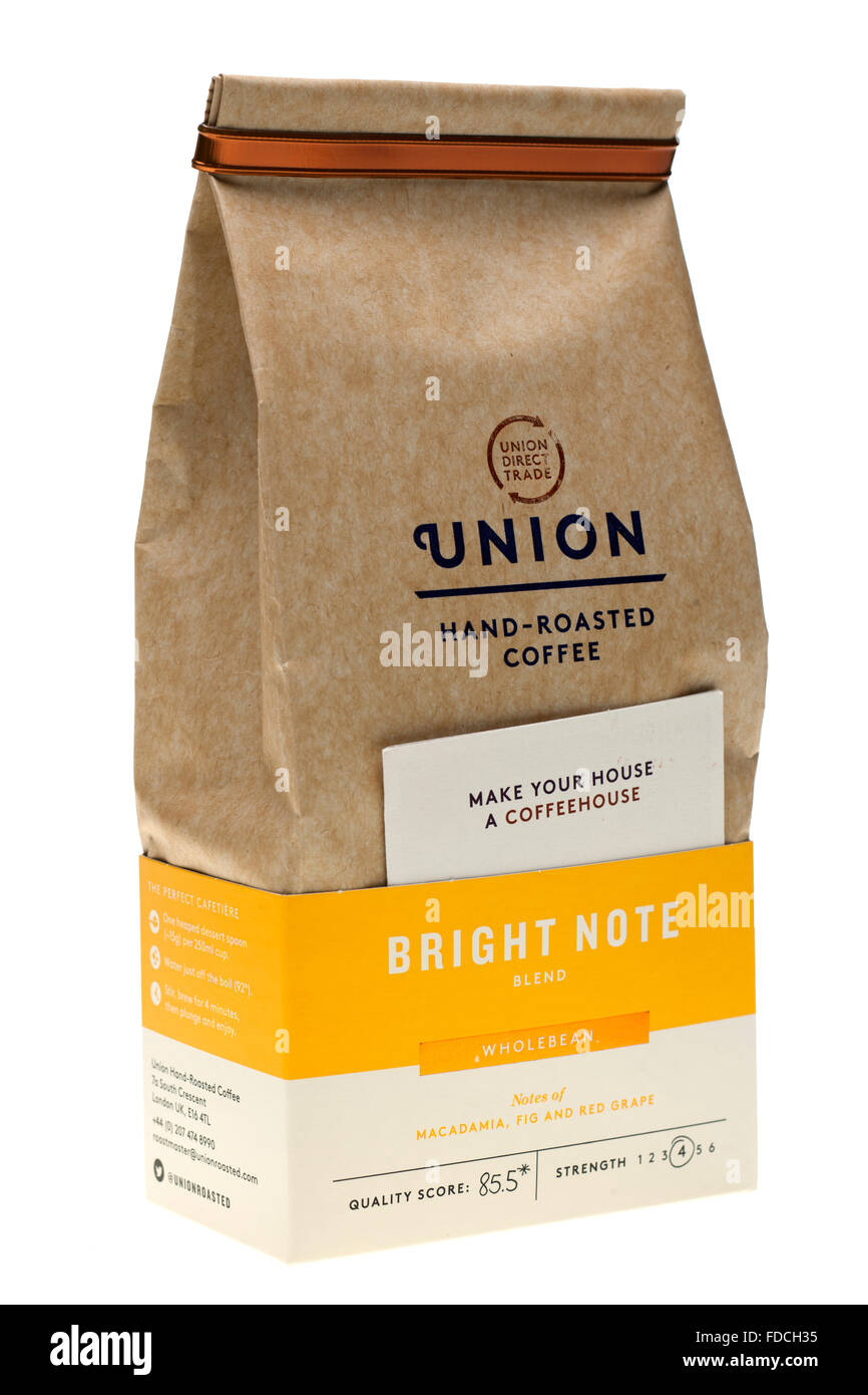 Tasche von Union Bright Hinweis Hand geröstete Kaffeebohnen Stockfoto