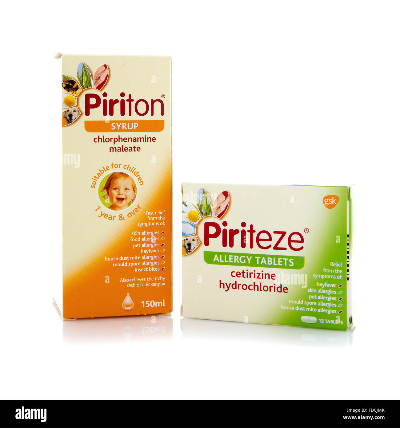 Piriton Anti-Histamin für Allergie und Insekt beißt auf weißem Grund Stockfoto