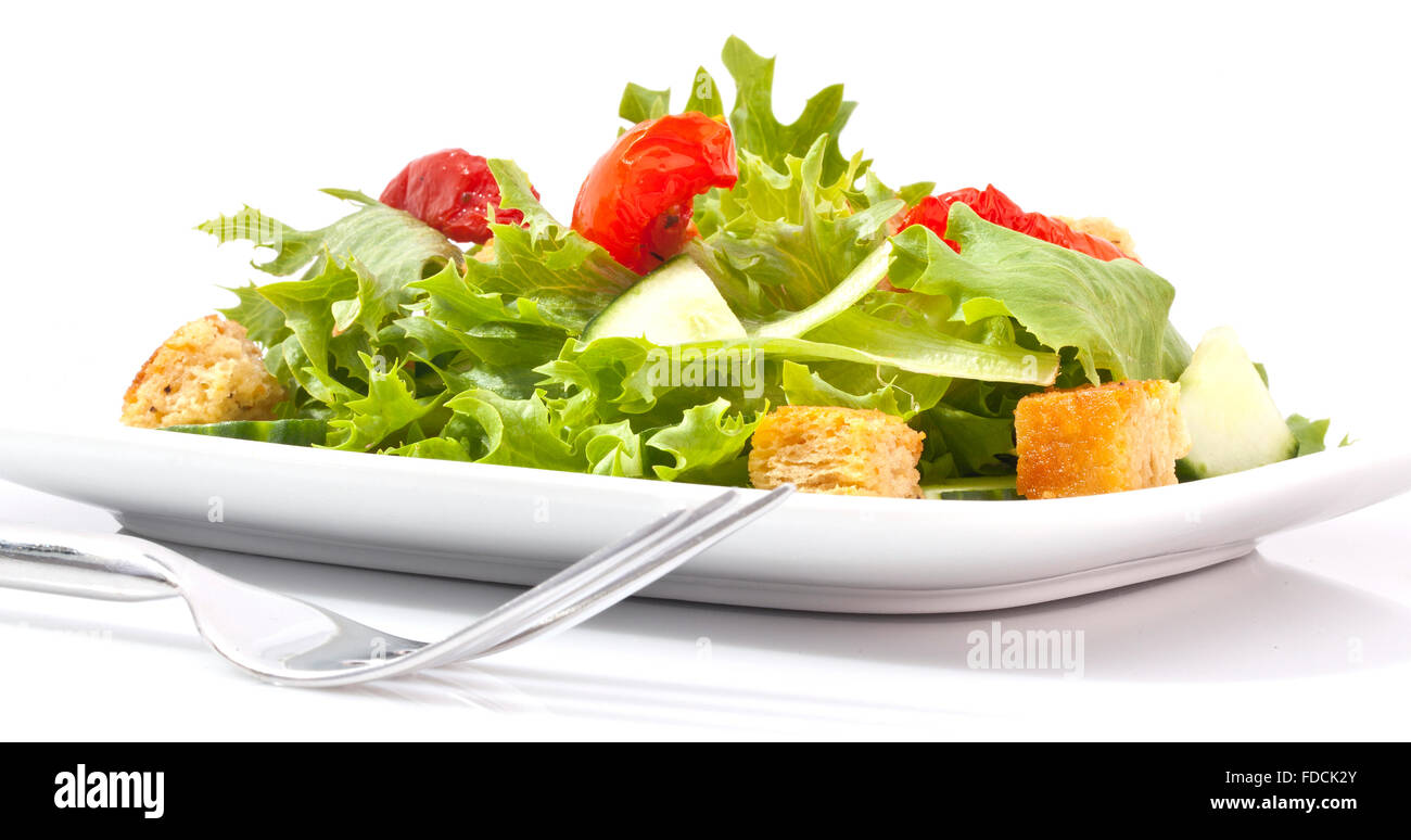 Grüner Salat mit Sonne getrockneten Tomaten auf weißem Hintergrund Stockfoto