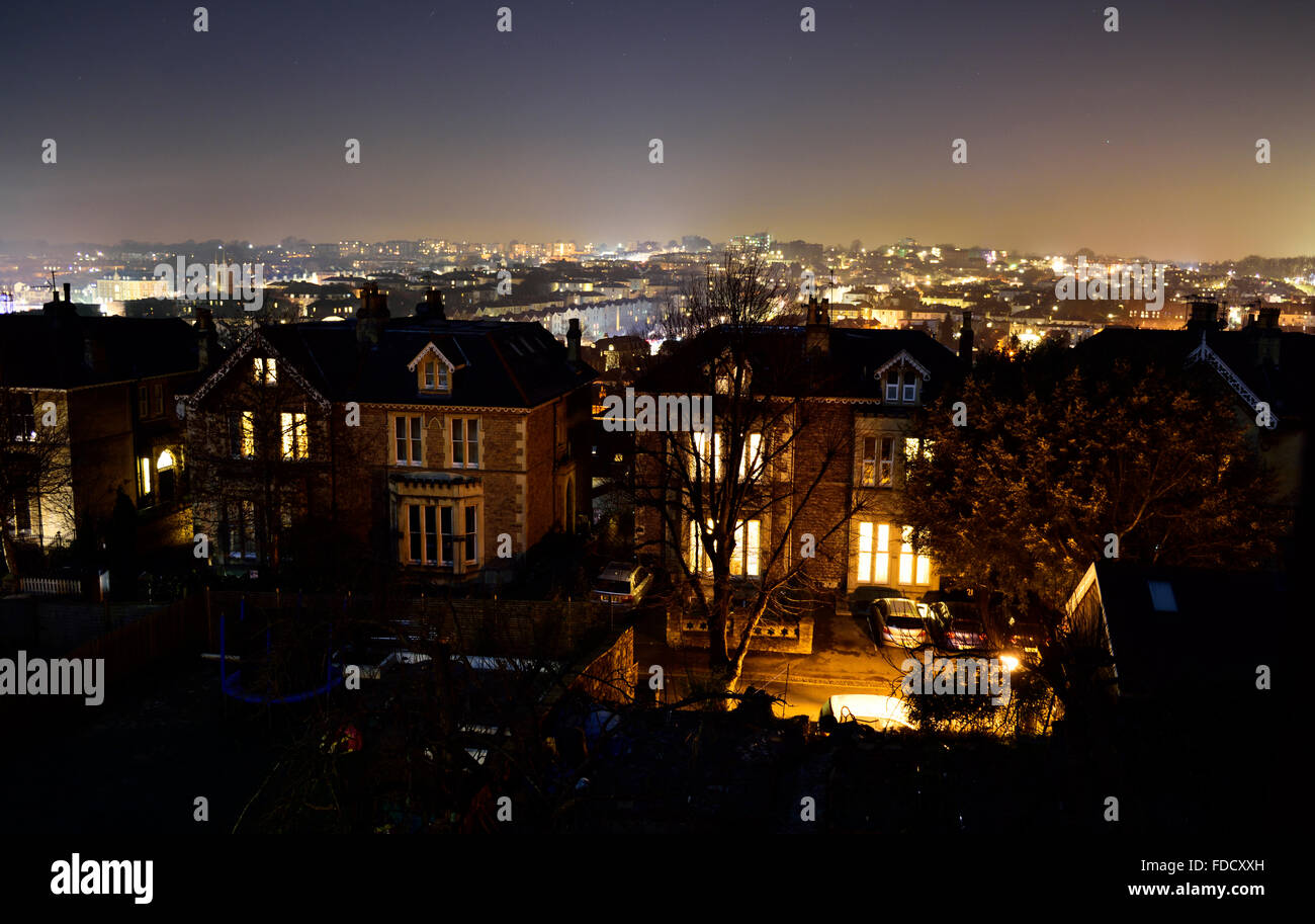 Nachtansicht über Häuser in Redland, Bristol, UK Stockfoto