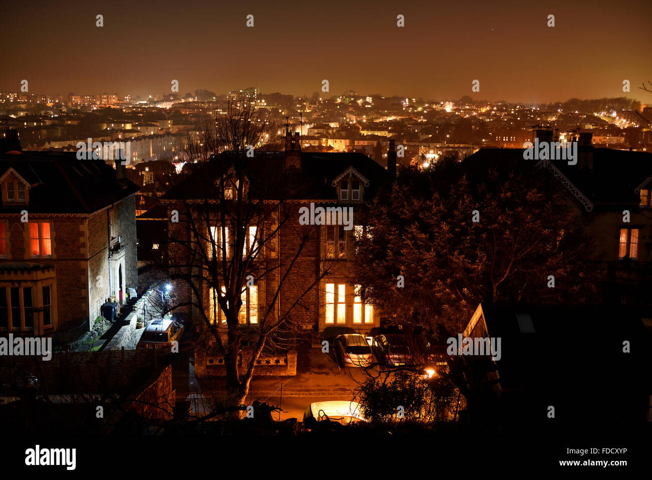 Nachtansicht über Häuser in Redland, Bristol, UK Stockfoto