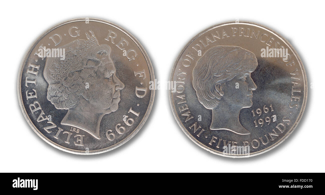 1999 Prinzessin Diana Memorial £5 Münze Vorder- und Rückseite isoliert auf einem weißen Hintergrund. Stockfoto