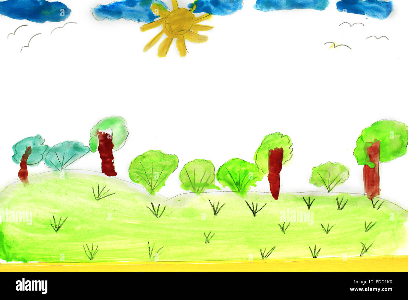 Freude kindliche Zeichnung des Sommers mit Bäumen und bush Stockfoto