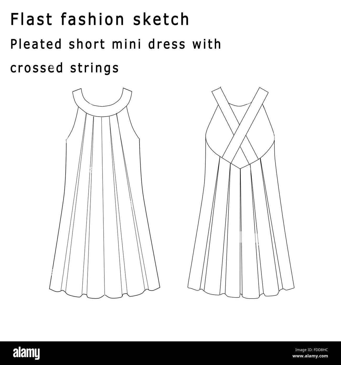 Flat Mode Vorlage Skizze - Plissee Kleid mit gekreuzten Schnur  Stockfotografie - Alamy