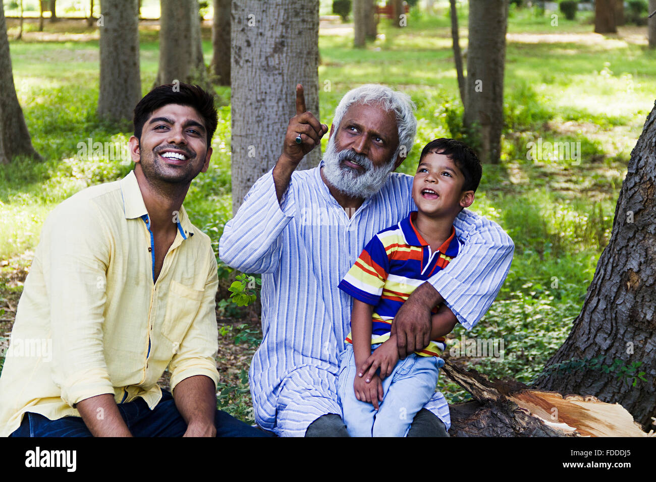 3 Menschen Großvater Sohn und Enkel Park sitzen finger darauf zeigen Stockfoto