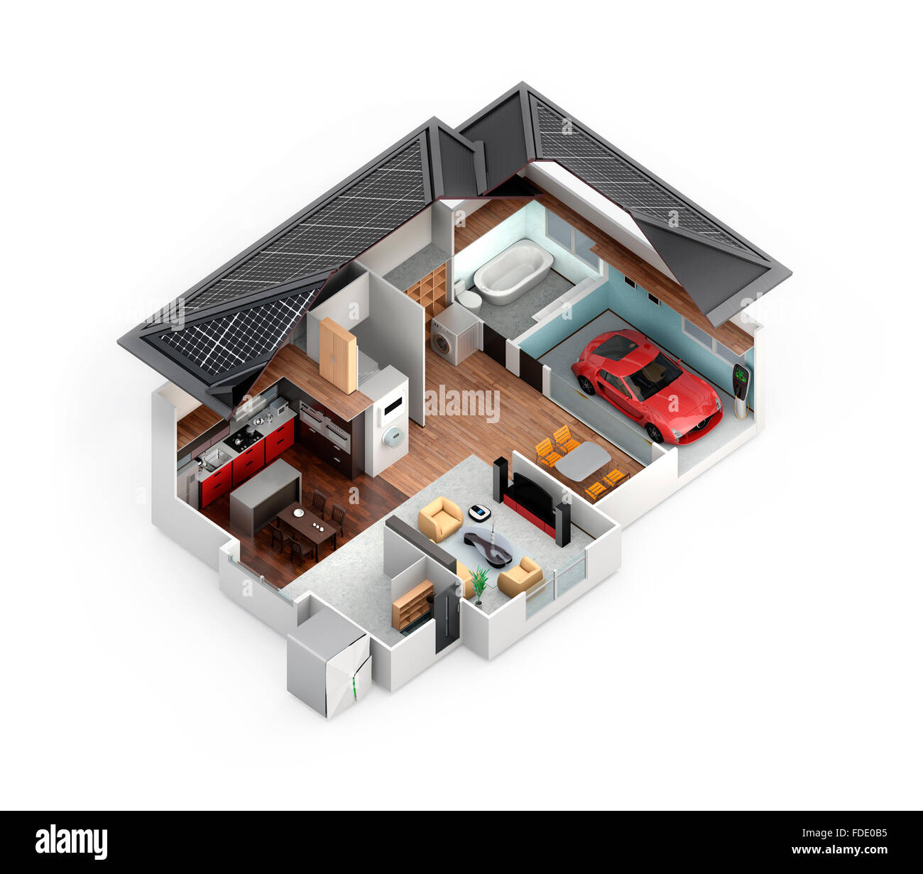 Querschnittsansicht des intelligenten Hauses. Dieses Haus-Versorgung mit nach Hause Batteriesystem, Energie sparende Gerät und Elektroauto. Stockfoto
