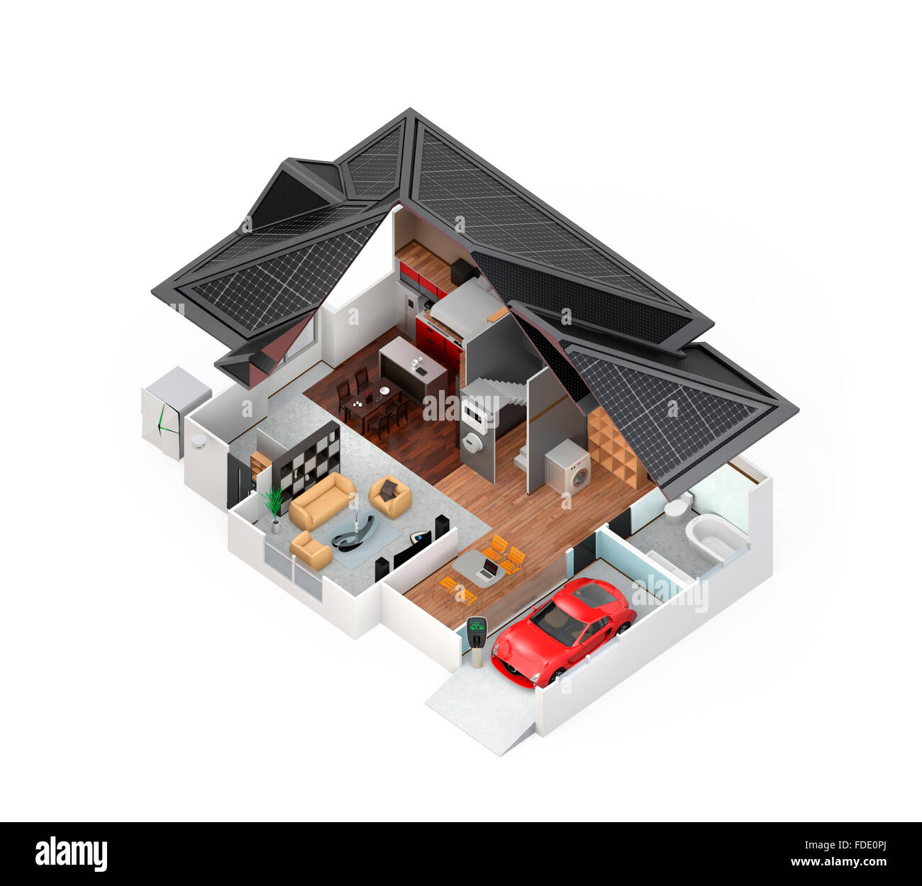 Querschnittsansicht des intelligenten Hauses. Dieses Haus-Versorgung mit nach Hause Batteriesystem, Energie sparende Gerät und Elektroauto. Stockfoto