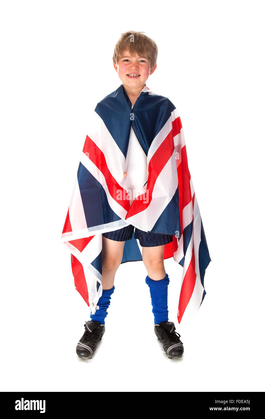 Jungen Fußball-Fan mit einem Union Jack Flag unterstützen die Euro 2016 Wettbewerb Stockfoto