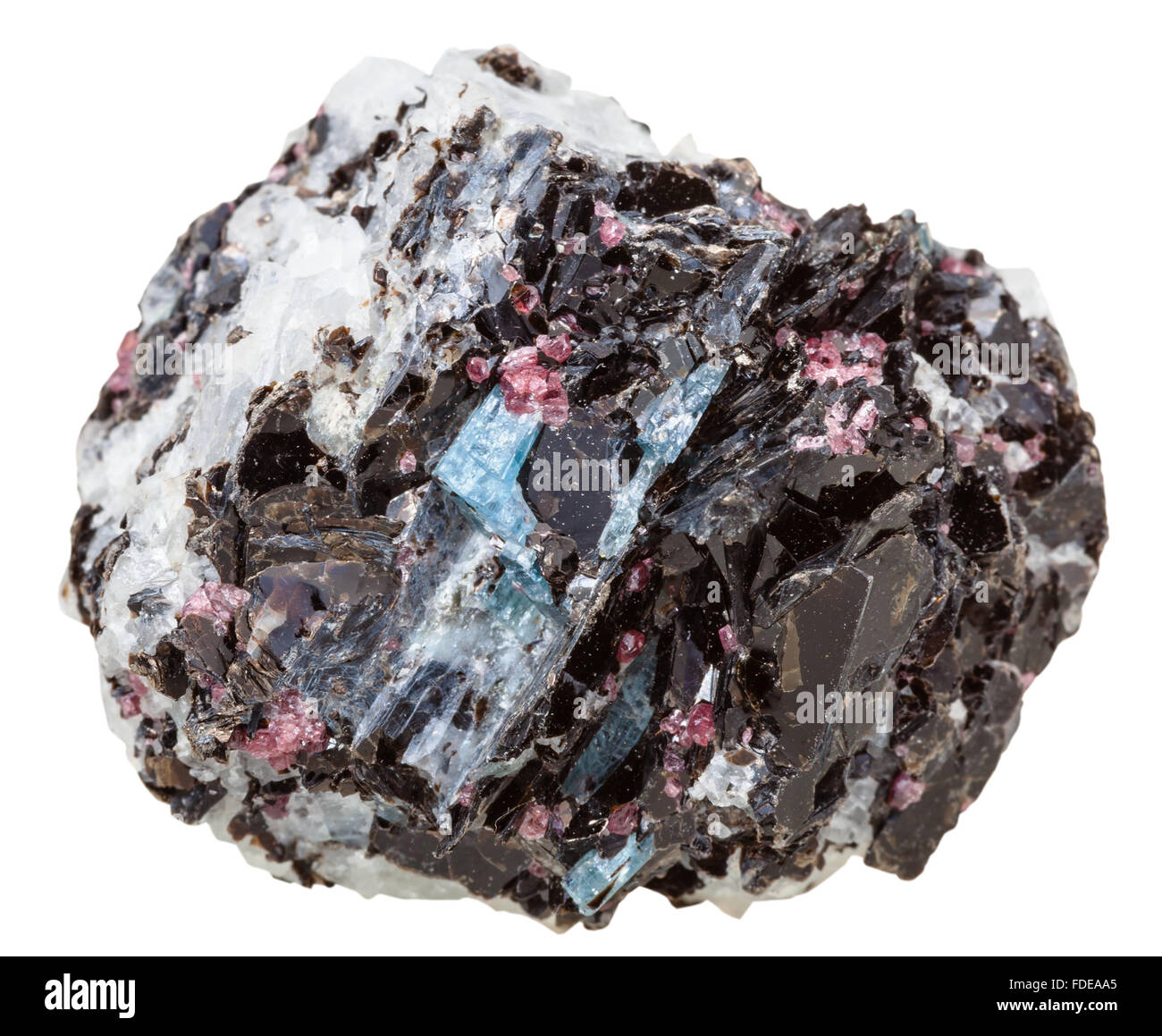 Makroaufnahmen der Kollektion natürliche rock - Gneis Rock mit blauen Kyanit, brauner Biotit, rosa Turmalin Kristalle Mineral Stein Stockfoto