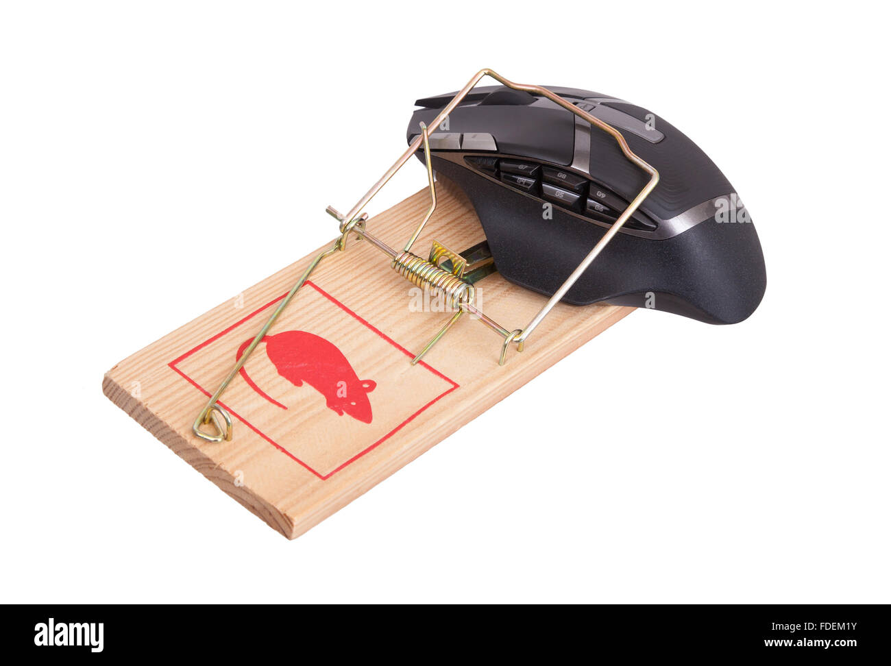 Moderne Computer-Maus in einer Mausefalle vor weißem Hintergrund Stockfoto