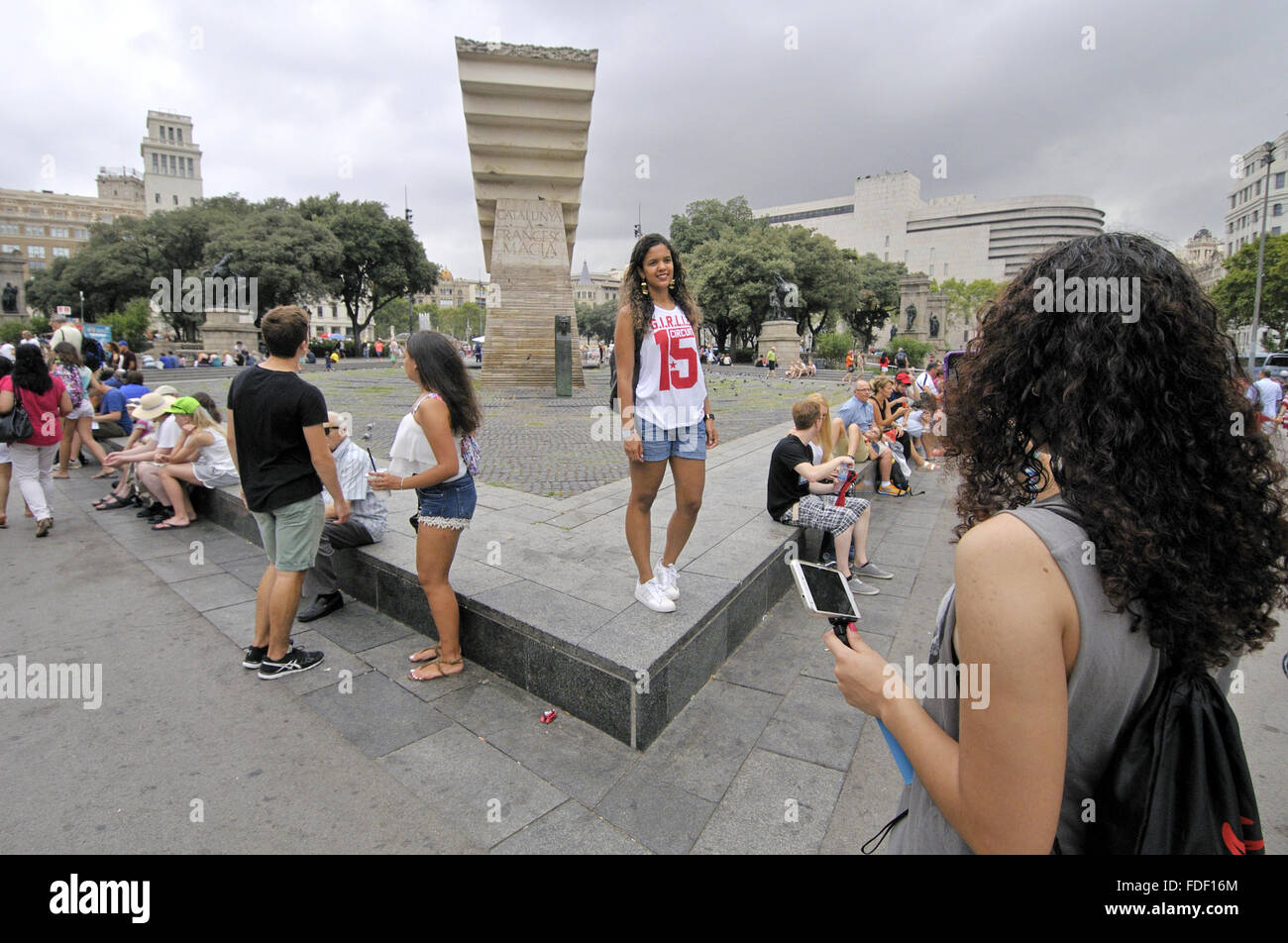 Catalunya Platz. Denkmal für katalanische Politiker Francesc Macià. Bildhauer Josep Maria Subirachs, Barcelona-Katalonien-Spanien Stockfoto