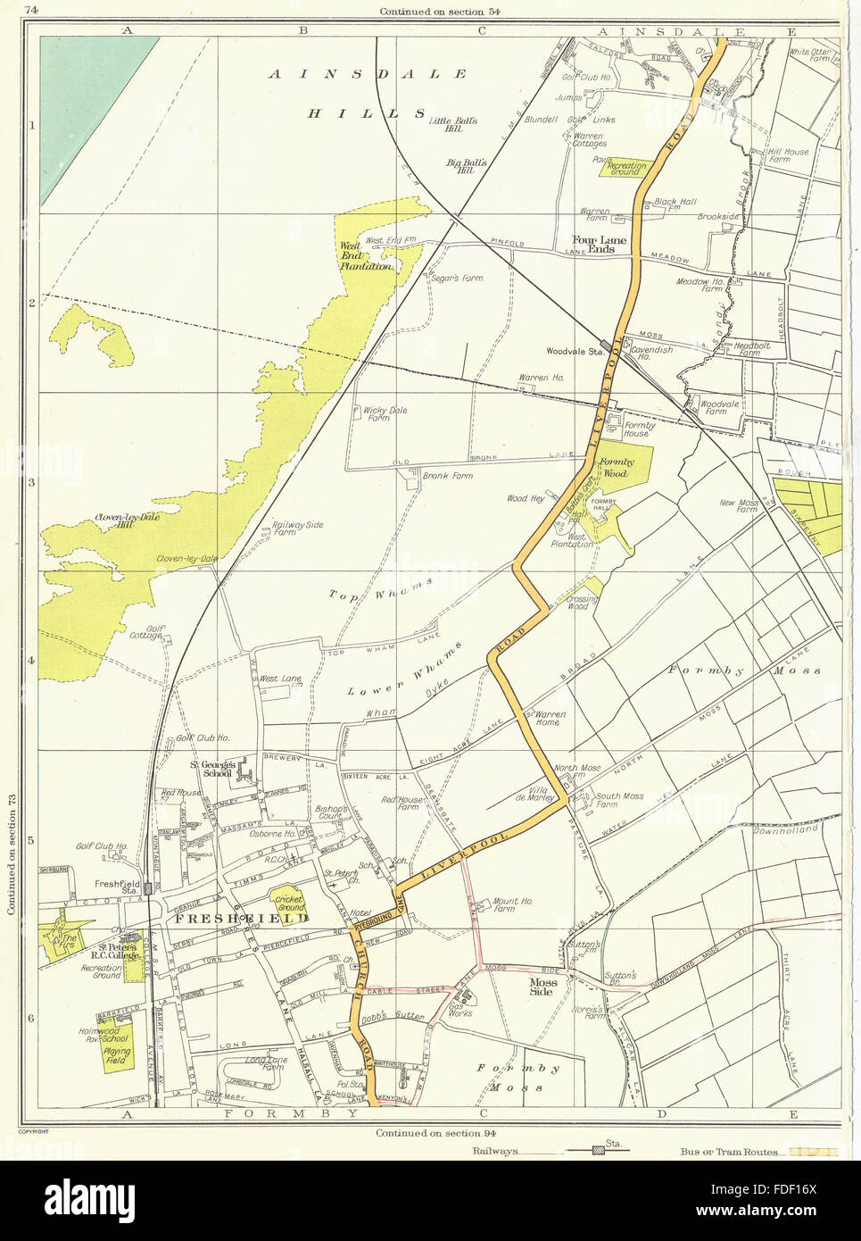 LANCASHIRE Freshfield Formby Ainsdale Hills Moss Side Four Lane Ends 1935 Karte Stockfoto