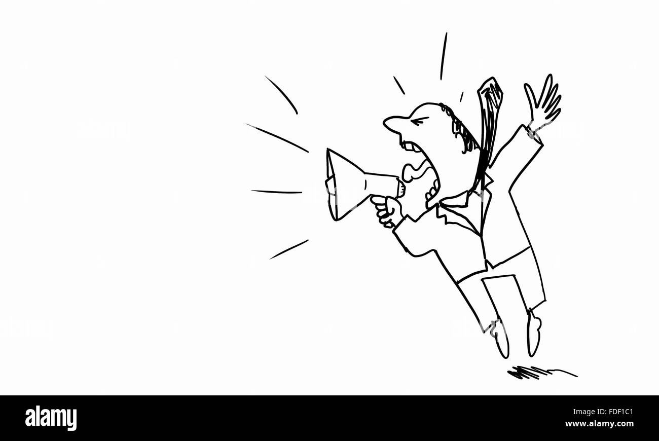 Karikatur von wütenden Geschäftsmann schreiend in Megaphon auf weißem Hintergrund Stockfoto