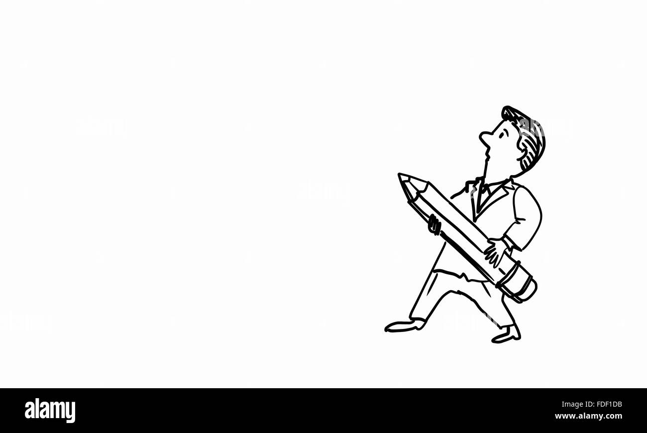 Karikatur von lustigen Mann mit Bleistift auf weißem Hintergrund Stockfoto