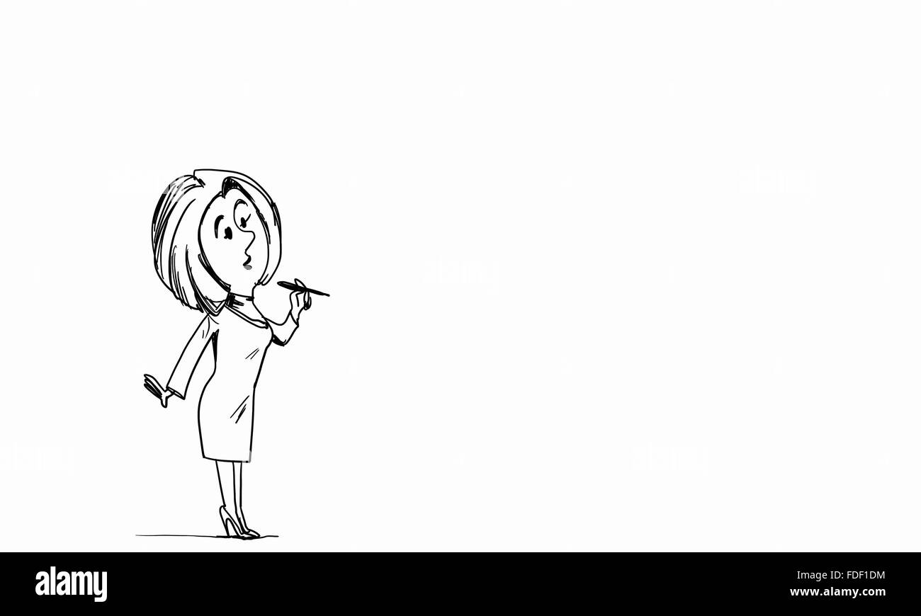 Karikatur von Frau mit Stift in der Hand auf weißem Hintergrund Stockfoto