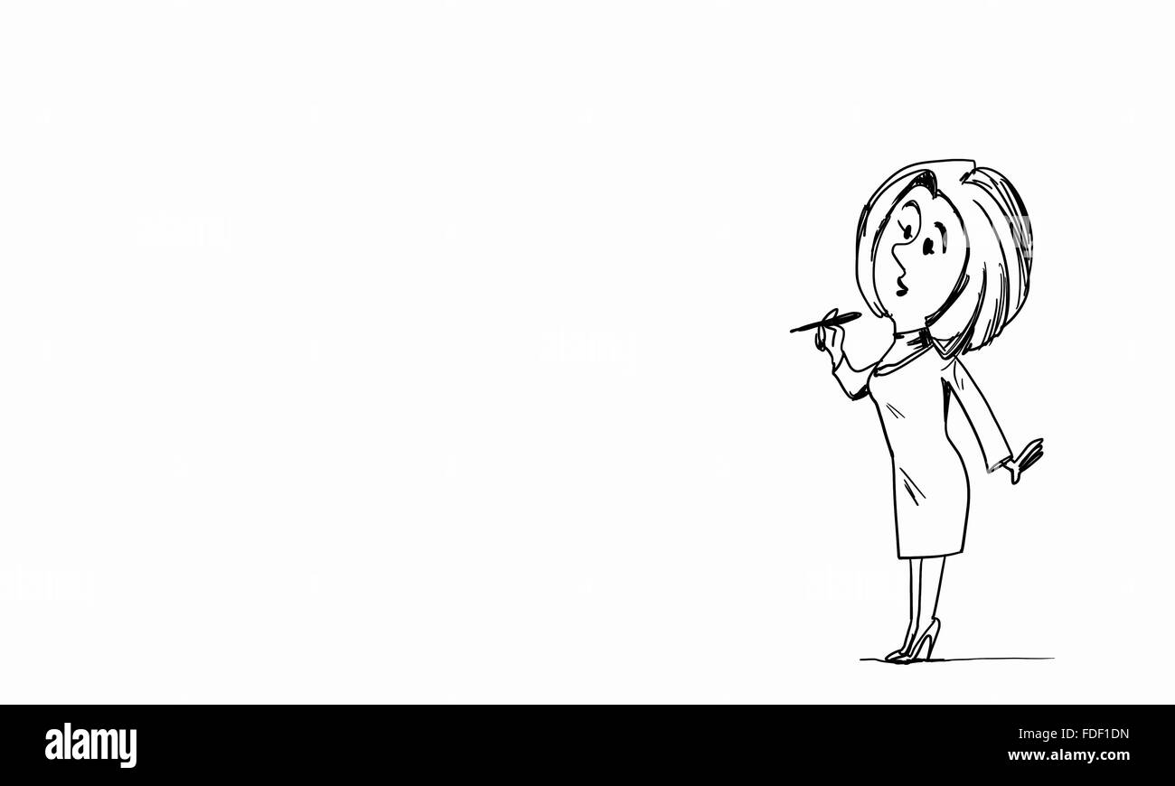 Karikatur von Frau mit Stift in der Hand auf weißem Hintergrund Stockfoto