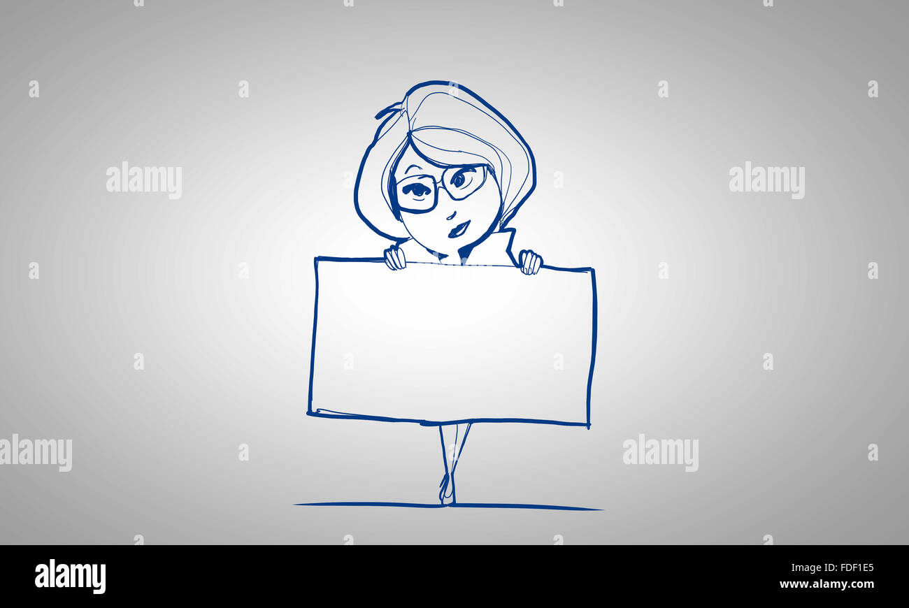 Karikatur von Frau mit leeren Banner auf weißem Hintergrund Stockfoto
