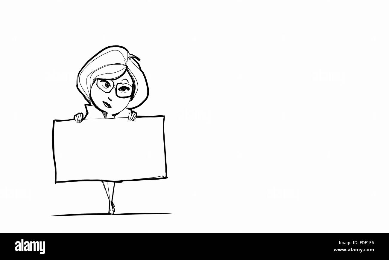 Karikatur von Frau mit leeren Banner auf weißem Hintergrund Stockfoto