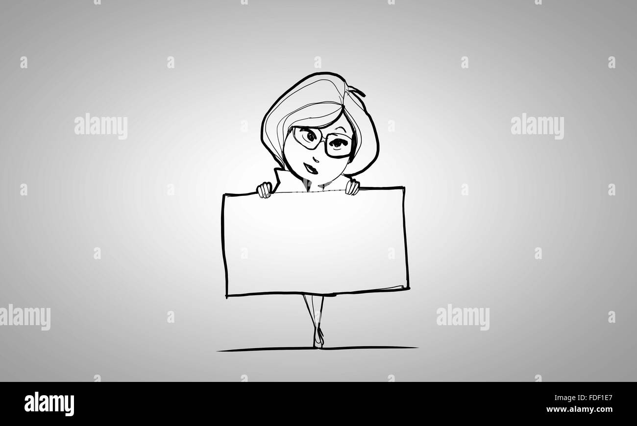 Karikatur von Frau mit leeren Banner auf weißem Hintergrund Stockfoto