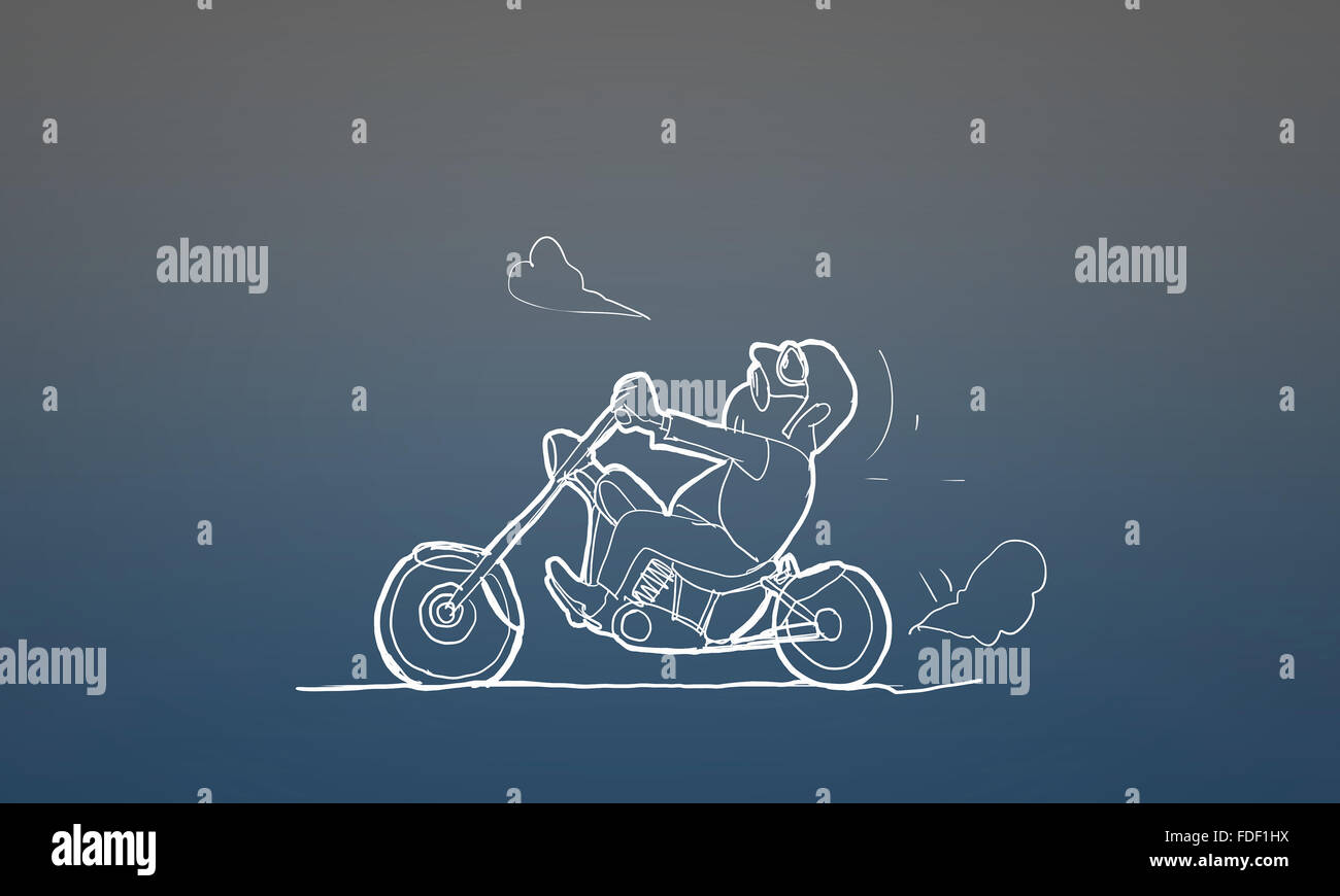 Lustige Karikatur der Biker mit seinem Motorrad Stockfoto