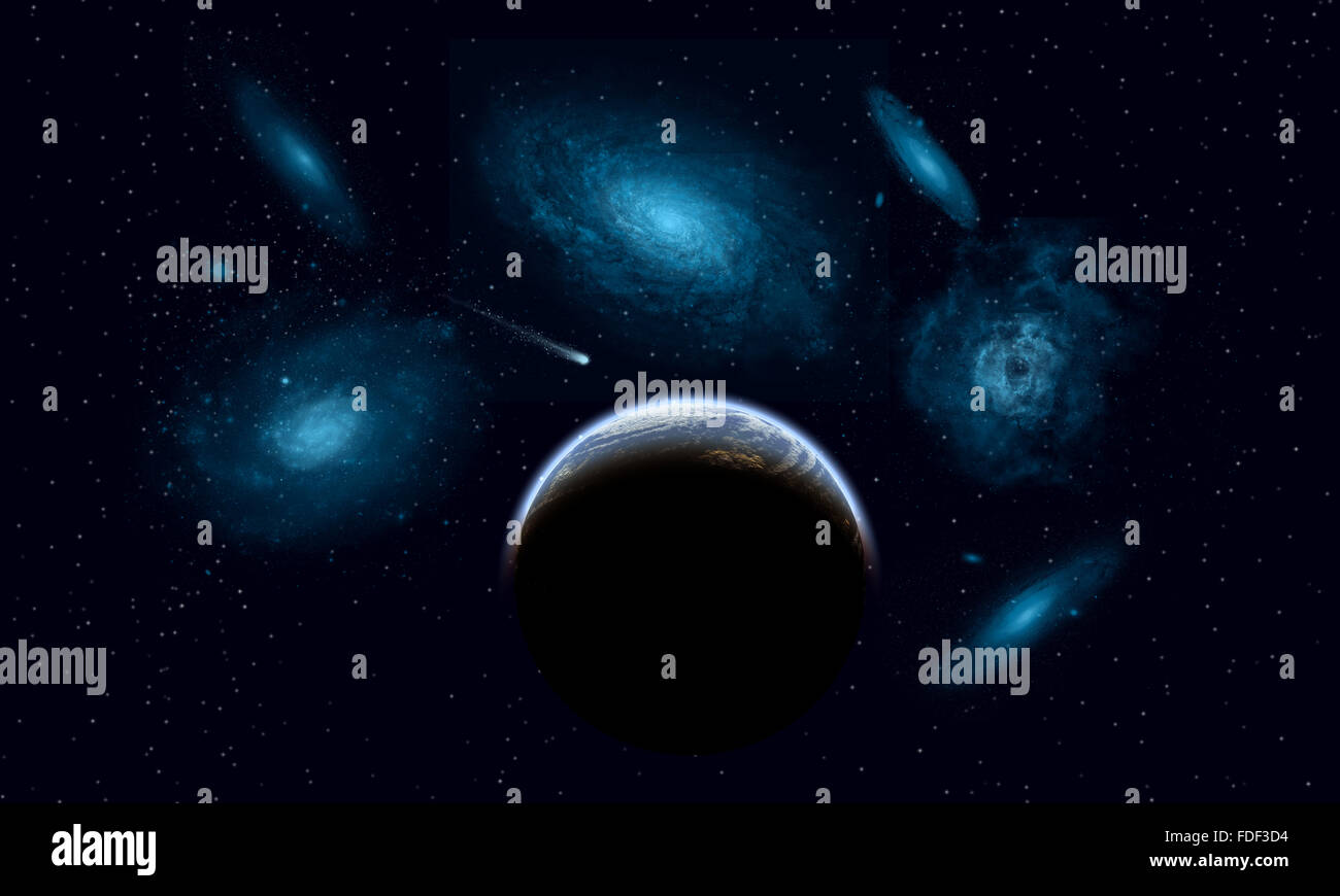 Ein Komet, vorbei an einem fremden Planeten. Stockfoto