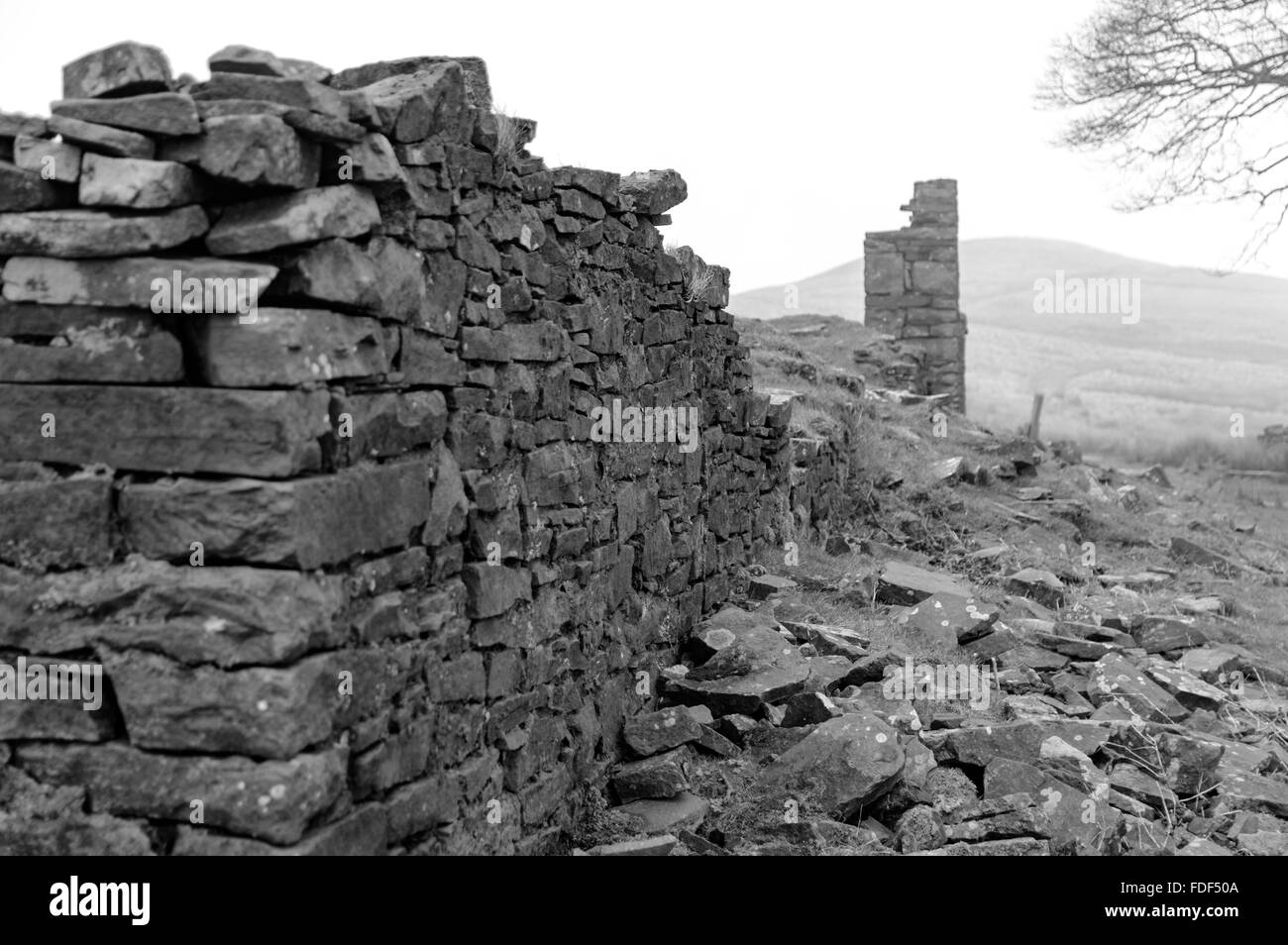 Alten, verlassenen Bauernhof auf die West Pennine Moors auf große Hügel über Chorley, Lancashire, England Stockfoto