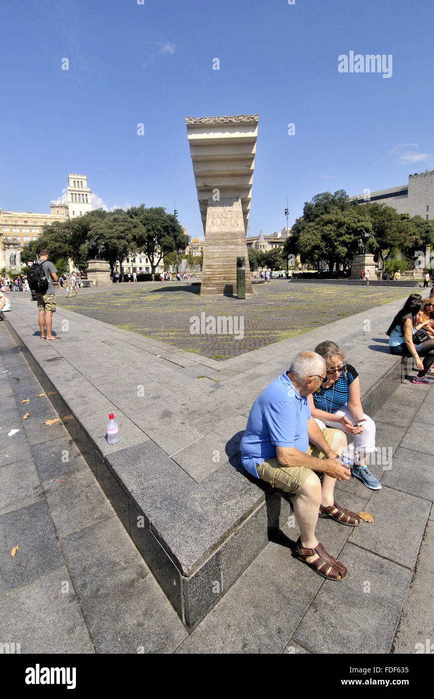 Catalunya Platz. Denkmal für katalanische Politiker Francesc Macià. Bildhauer Josep Maria Subirachs, Barcelona-Katalonien-Spanien Stockfoto