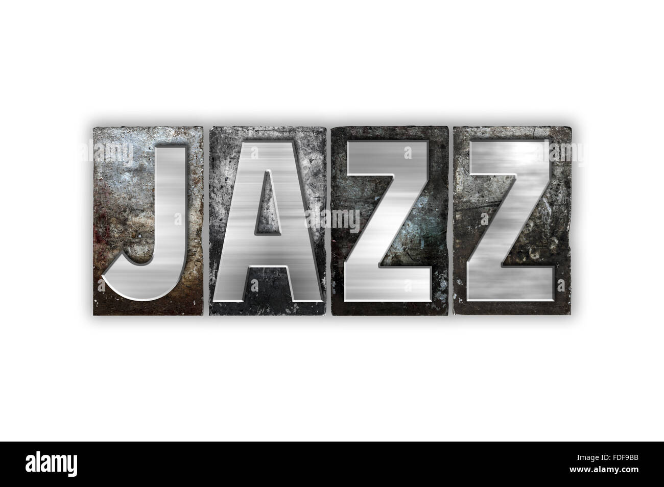 Das Wort "Jazz" in Vintage Metall Buchdruck Typ geschrieben isoliert auf weißem Hintergrund. Stockfoto