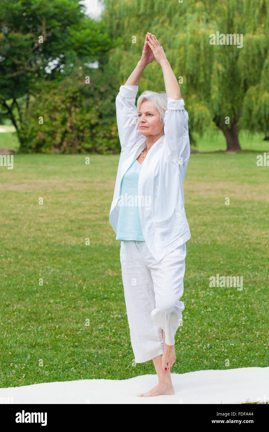 Senior gesunde alte Frau praktizieren Yoga und Tai Chi im freien Stockfoto