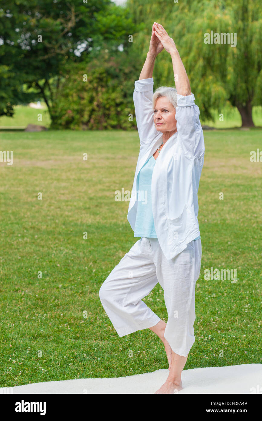 Senior gesunde alte Frau praktizieren Yoga und Tai Chi im freien Stockfoto