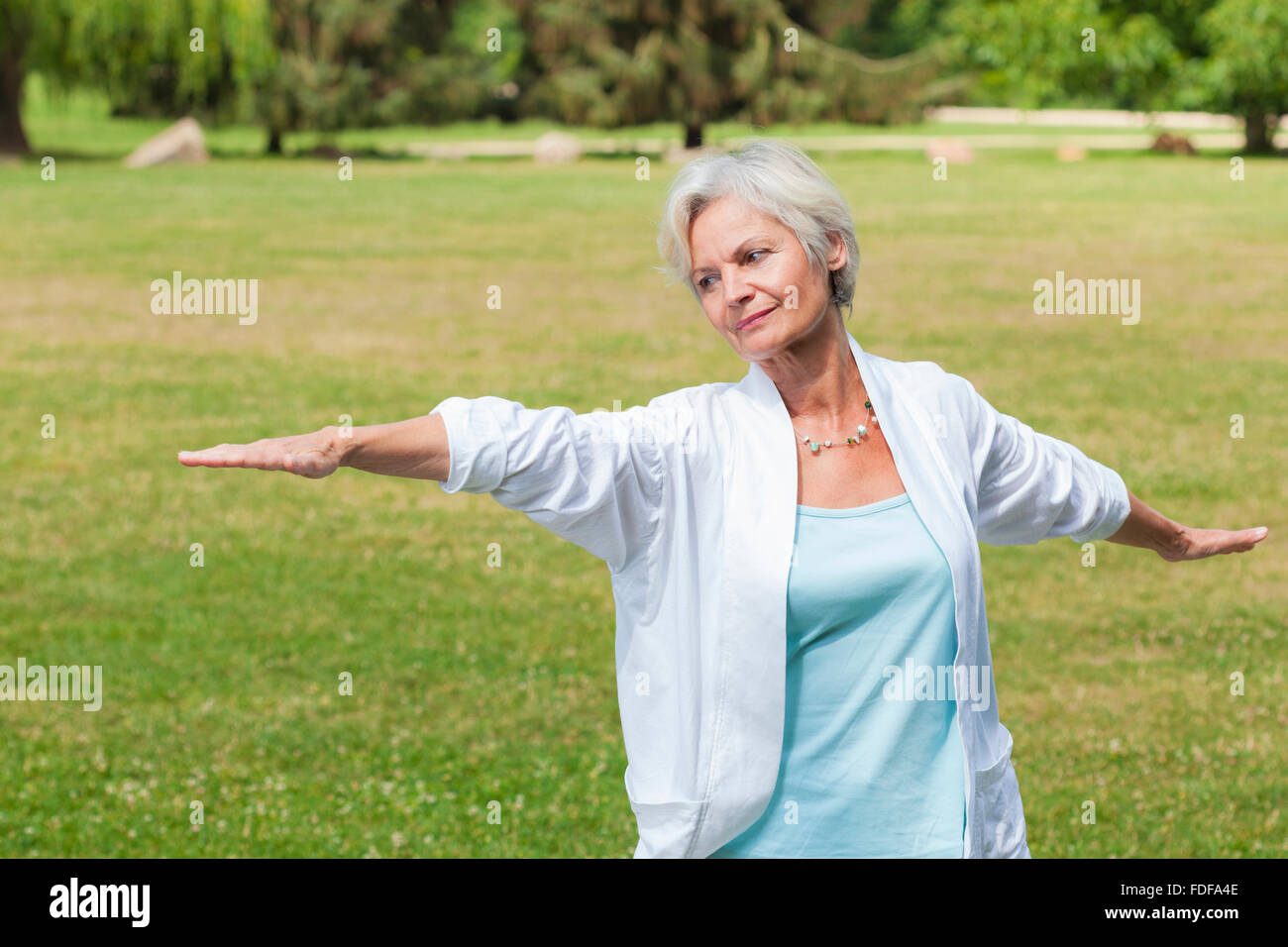 Senior gesunde alte Frau praktizieren Yoga und Tai Chi im freien Stockfoto