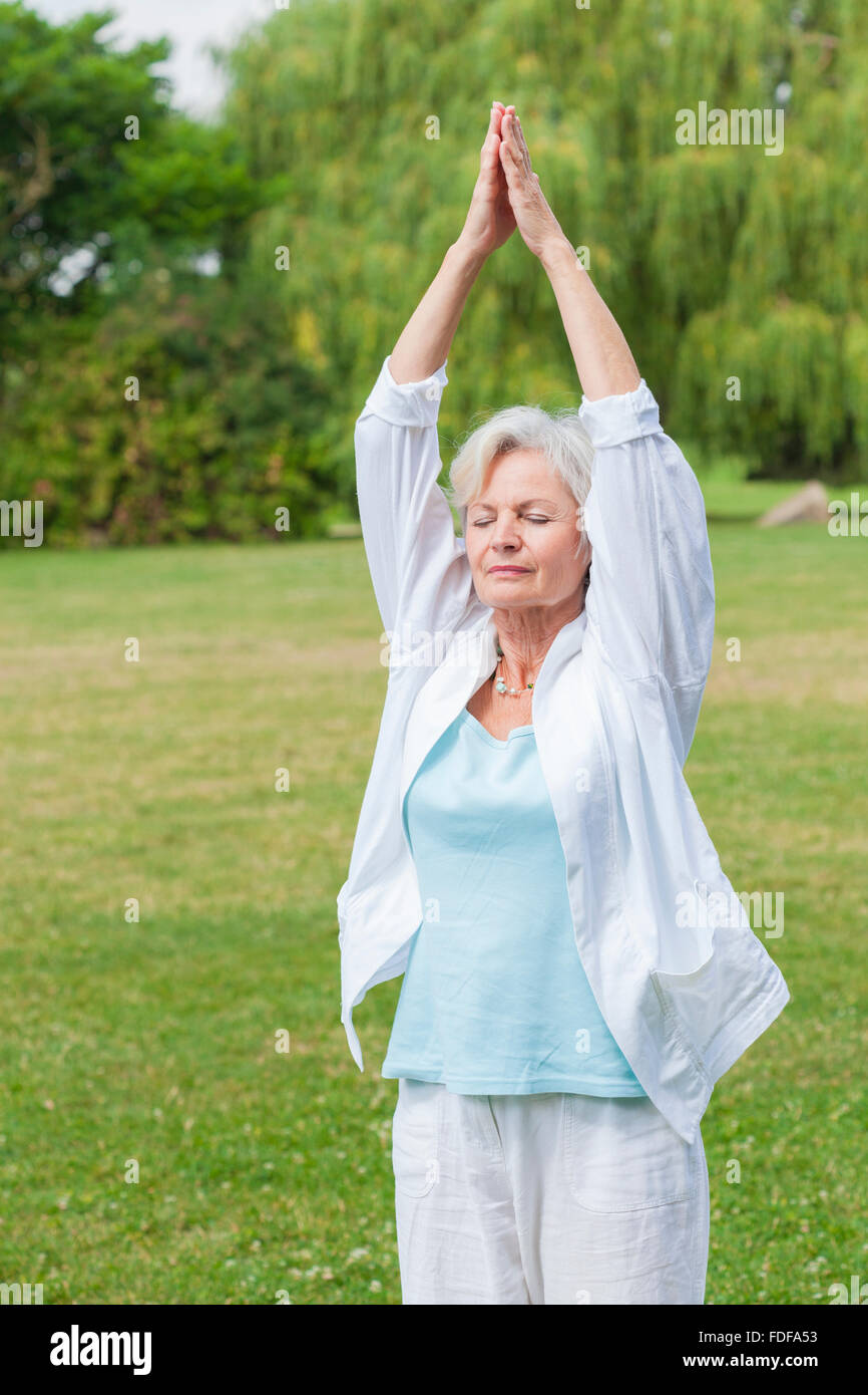 Senior gesunde alte Frau praktizieren Yoga und Tai Chi im freien Stockfoto