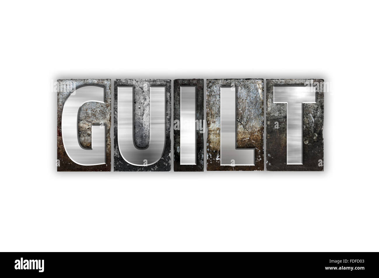 Das Wort "Schuld" geschrieben in Vintage Metall Buchdruck Typ isoliert auf weißem Hintergrund. Stockfoto