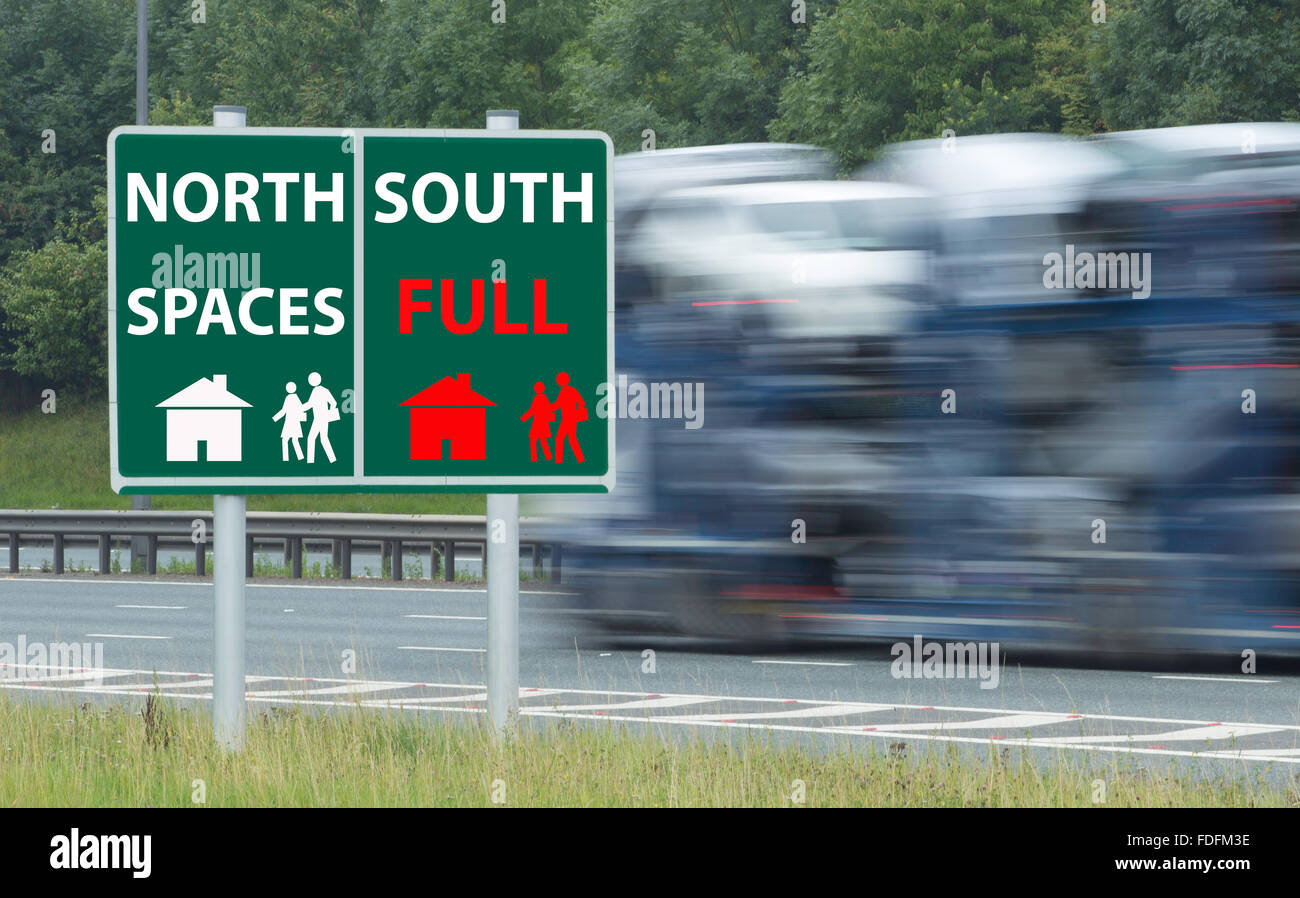 Nordsüd teilen Straße Zeichen Konzept Bild. UK Stockfoto