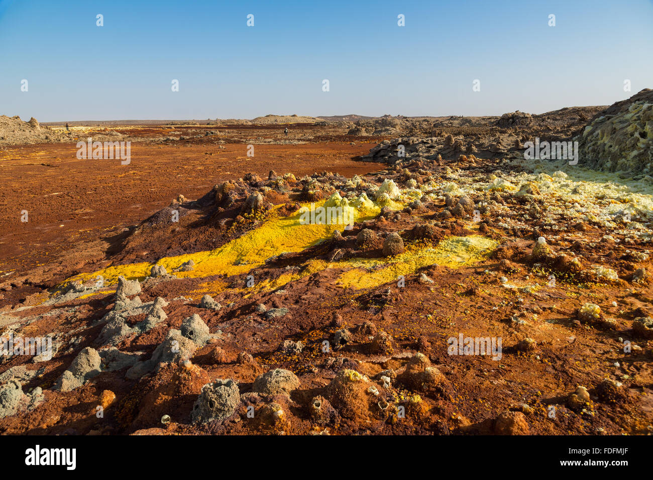 Getrocknete Schwefel Pools auf dem Gipfel des Dallol Salz Vulkan, Äthiopien Stockfoto