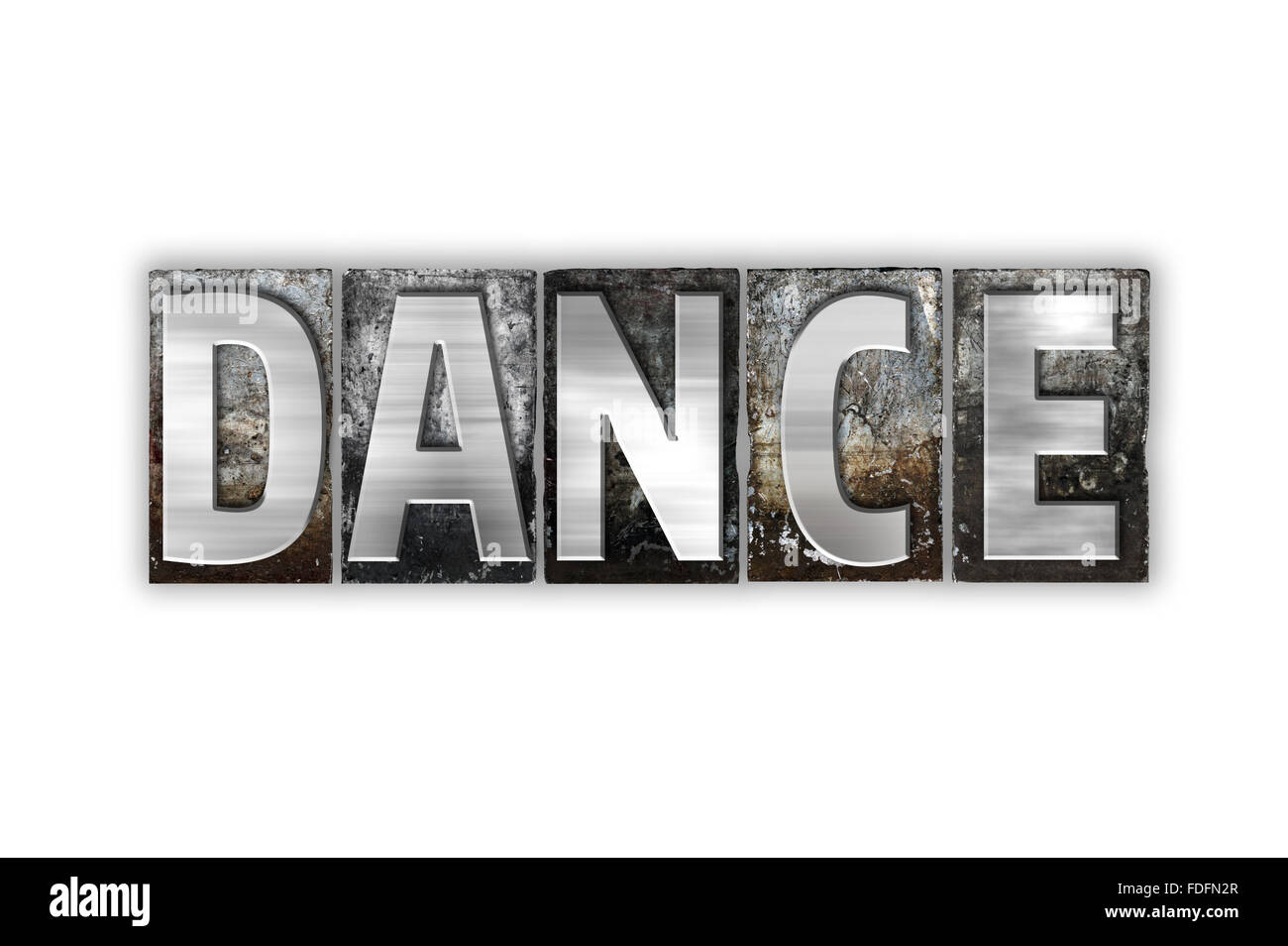 Das Wort "Tanz" in Vintage Metall Buchdruck-Typ isoliert auf einem weißen Hintergrund geschrieben. Stockfoto