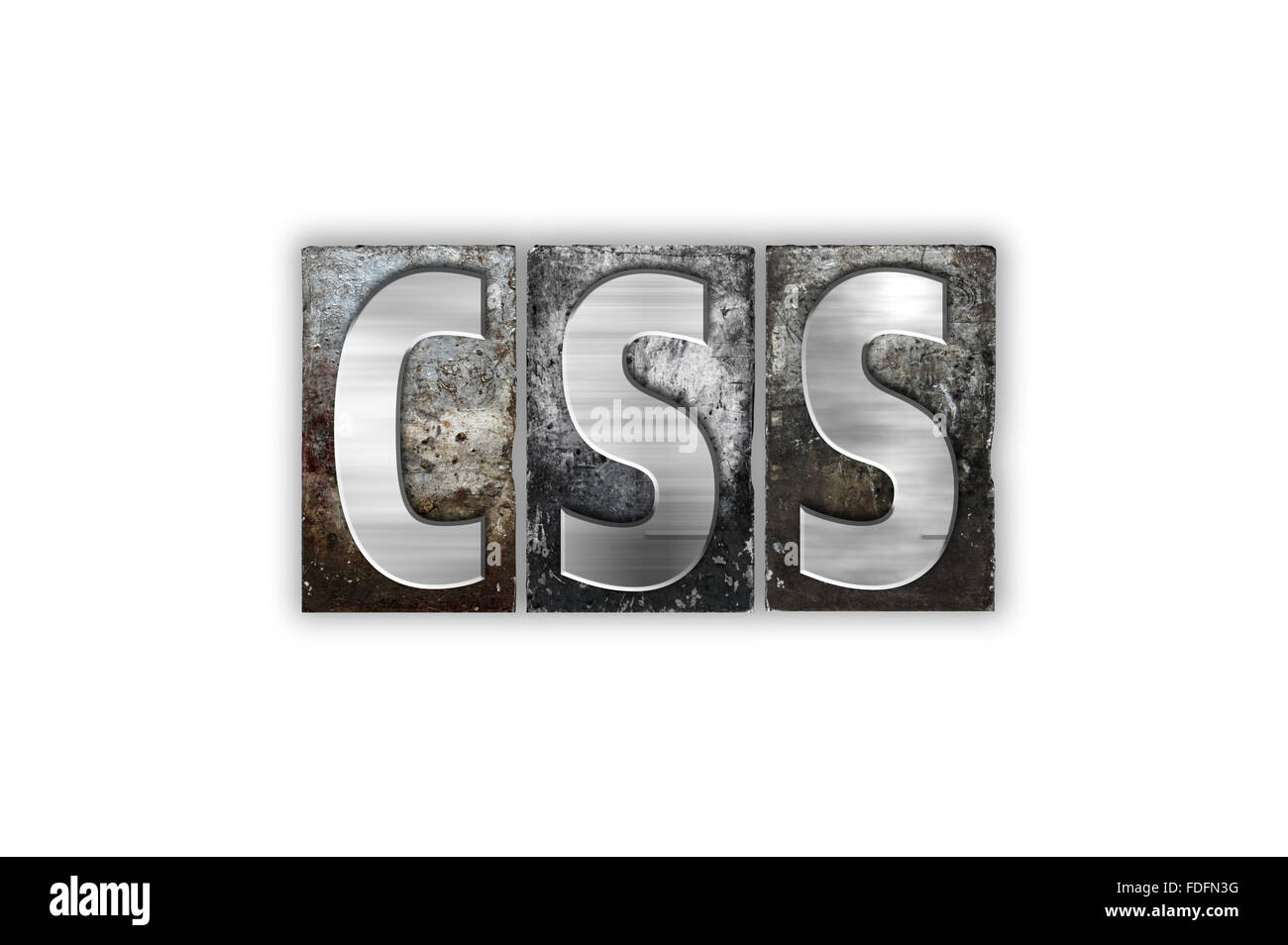 Das Wort "CSS" geschrieben in Vintage Metall Buchdruck Typ isoliert auf weißem Hintergrund. Stockfoto