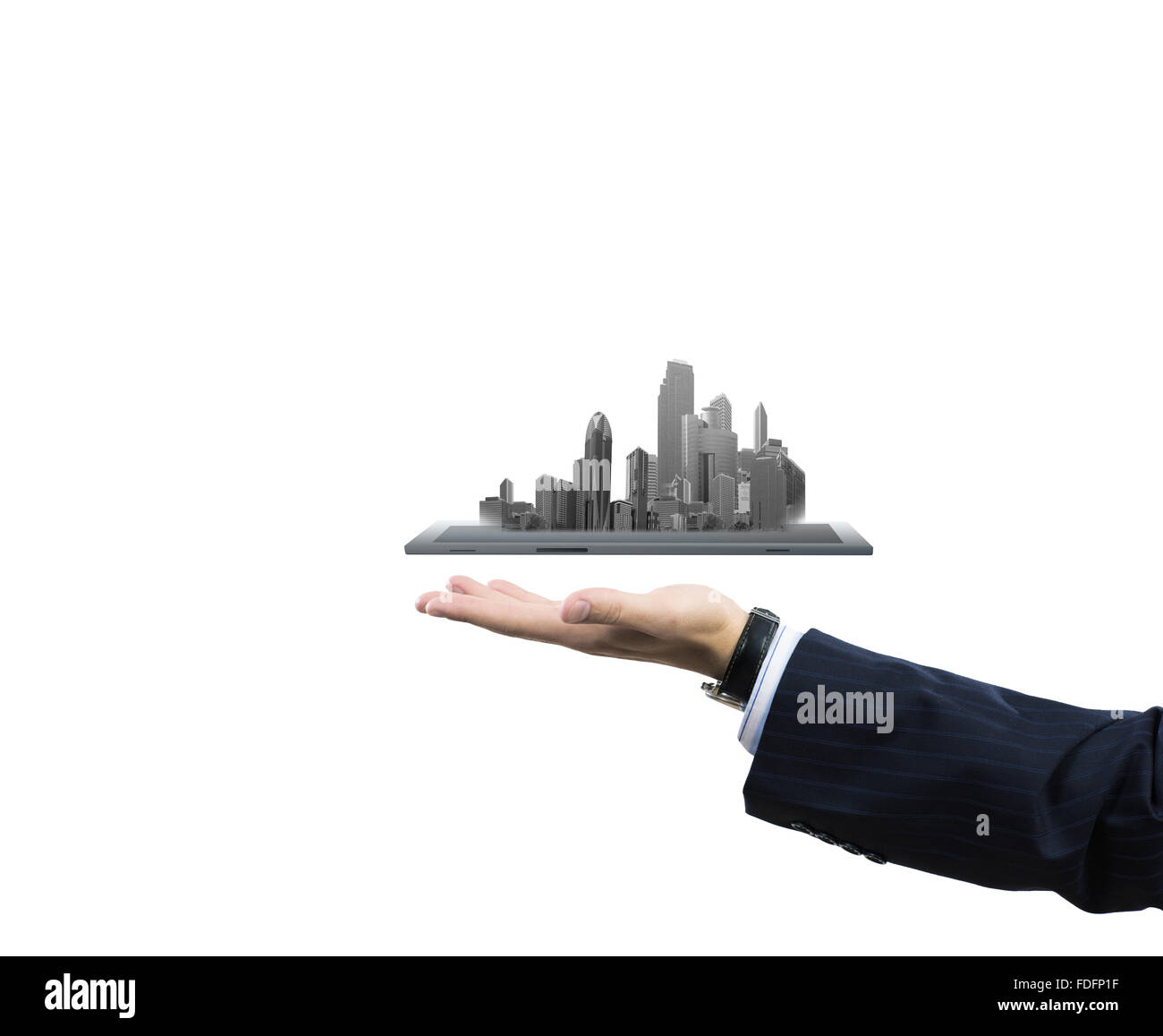 Nahaufnahme der menschlichen Hand, die Tablet-pc mit Stadtbild Stockfoto