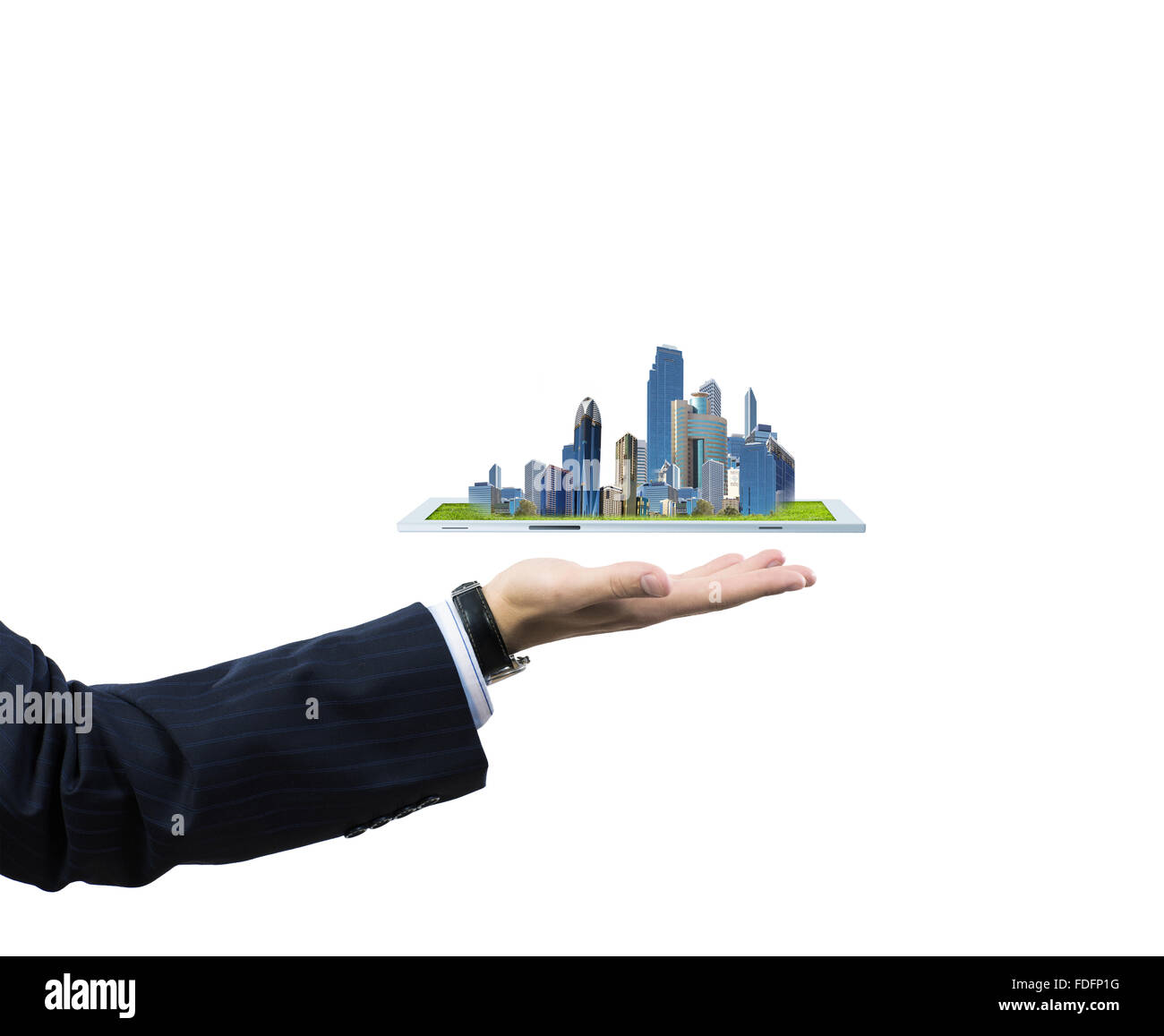 Nahaufnahme der menschlichen Hand, die Tablet-pc mit Stadtbild Stockfoto