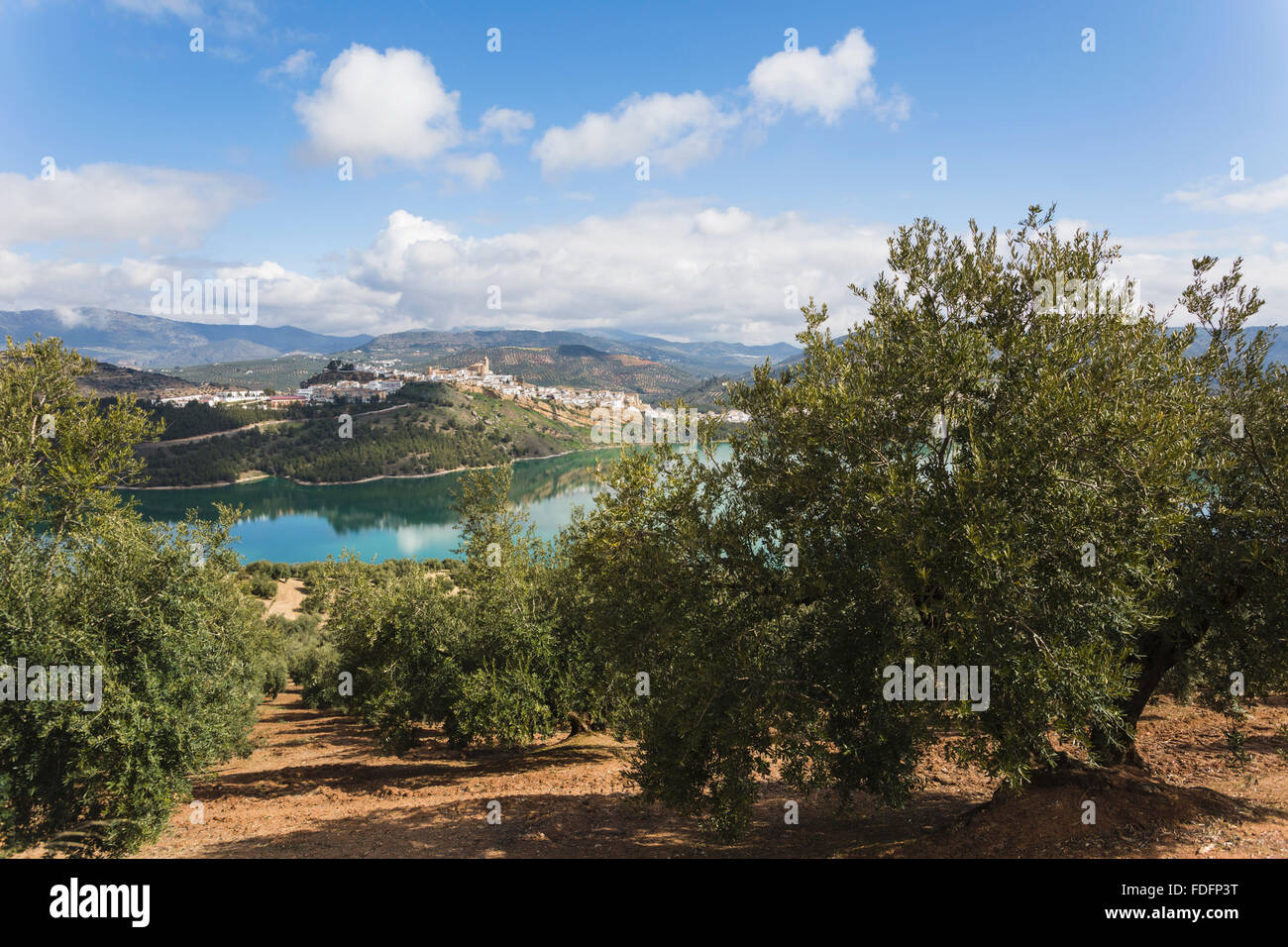 Iznajar, Provinz Córdoba, Andalusien, Südspanien.  Die Stadt liegt auf einem Hügel oberhalb der Embalse oder Reservoir, de Iznajar. Stockfoto