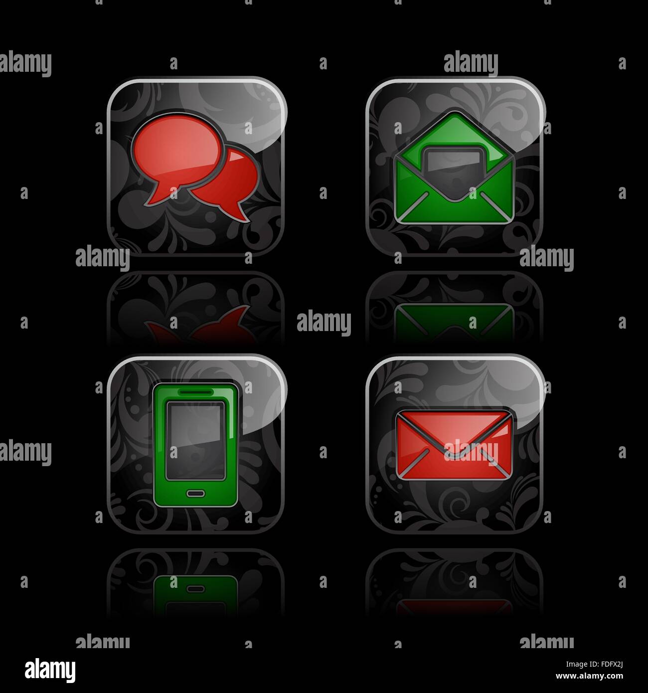 Set von Kommunikation Icons. Glänzende Blumen Knopf mit Gegenwartsgesellschaft auf schwarzem Hintergrund Stock Vektor