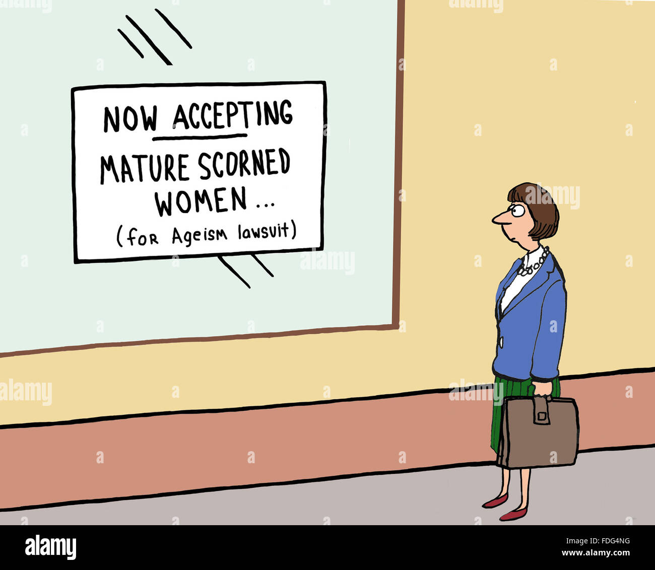 Altersdiskriminierung Cartoon.  Sie sind eine Sammelklage gegen das Unternehmen für Altersdiskriminierung Einreichung und verschmähte Frauen suchen. Stockfoto