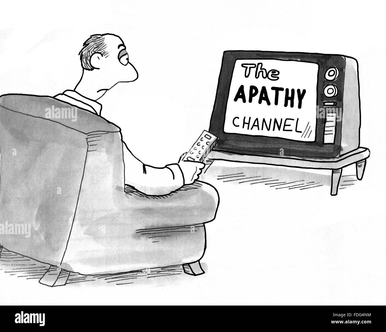 Cartoon über einen faulen Mann, der Apathie-Kanal am Fernseher nur Uhren. Stockfoto