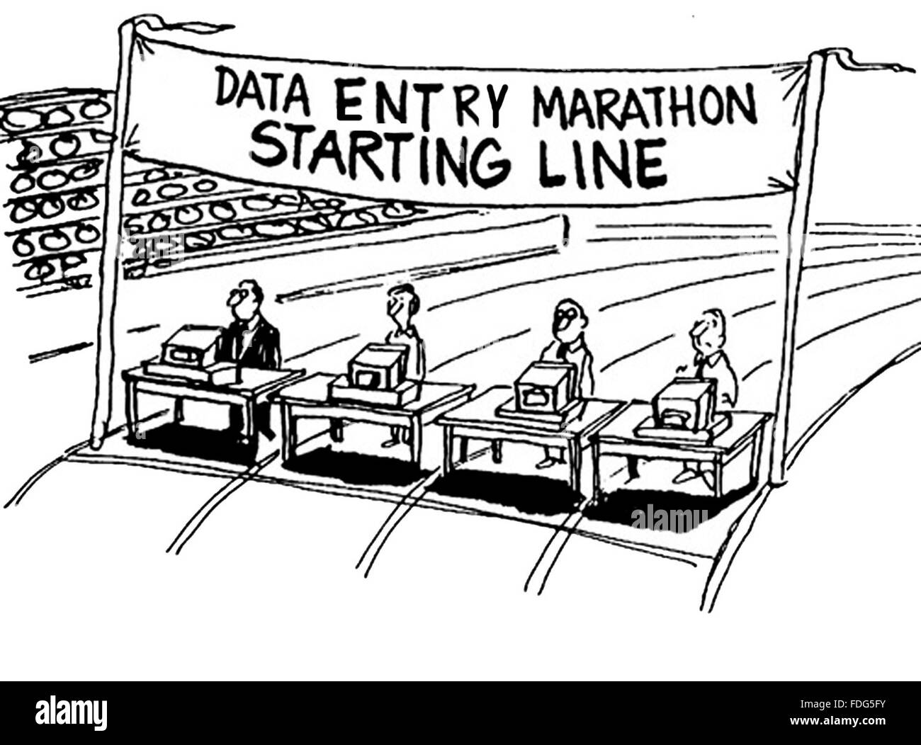 Business und Technologie Karikatur über einen Daten-Eintrag-Marathon. Stockfoto