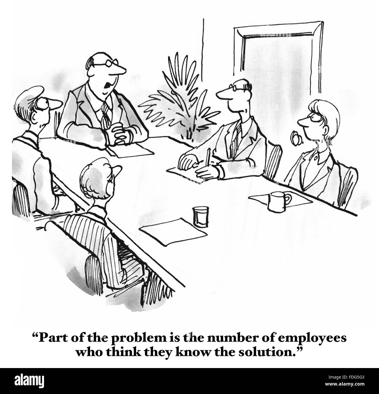 Karikatur von einem Geschäftstreffen, wo der Chef verärgert ist, dass die Mitarbeiter alle denken, sie kennen die Antwort auf das Problem. Stockfoto