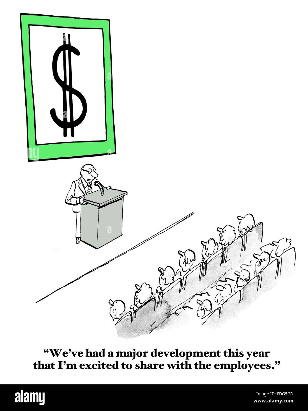 Finanzen-Cartoon.  Der Führer erzählt die Mitarbeiter, dass das Unternehmen einen Gewinn schließlich verdienen. Stockfoto