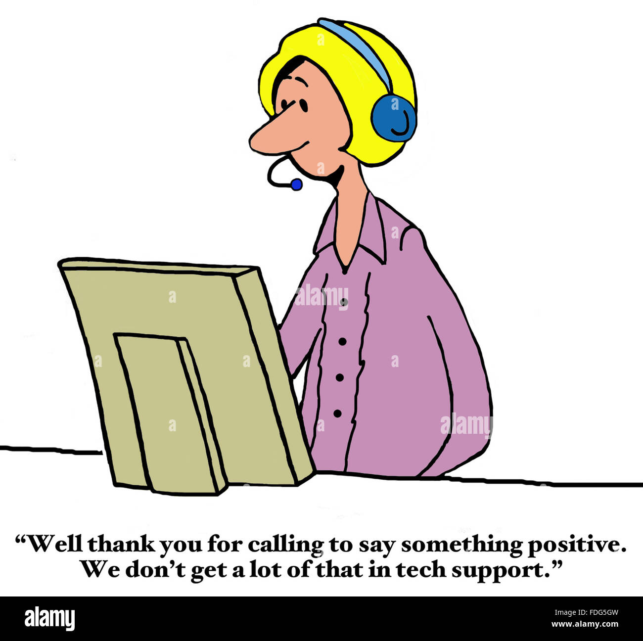 Kunden-Service-Cartoon.  Die Tech-Support-Frau ist überrascht, einen Telefonanruf dankte ihr für ihre Kunden-Service zu erhalten. Stockfoto