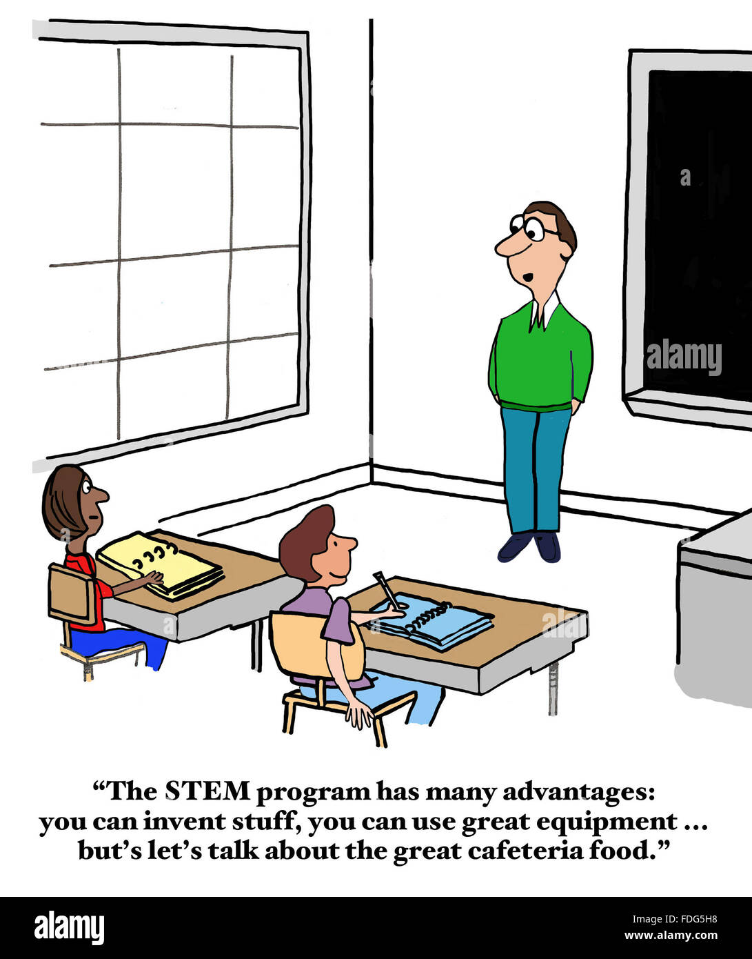 Bildung-Cartoon.  Der Stamm Schullehrer rekrutiert Studenten an ihrer Schule. Stockfoto